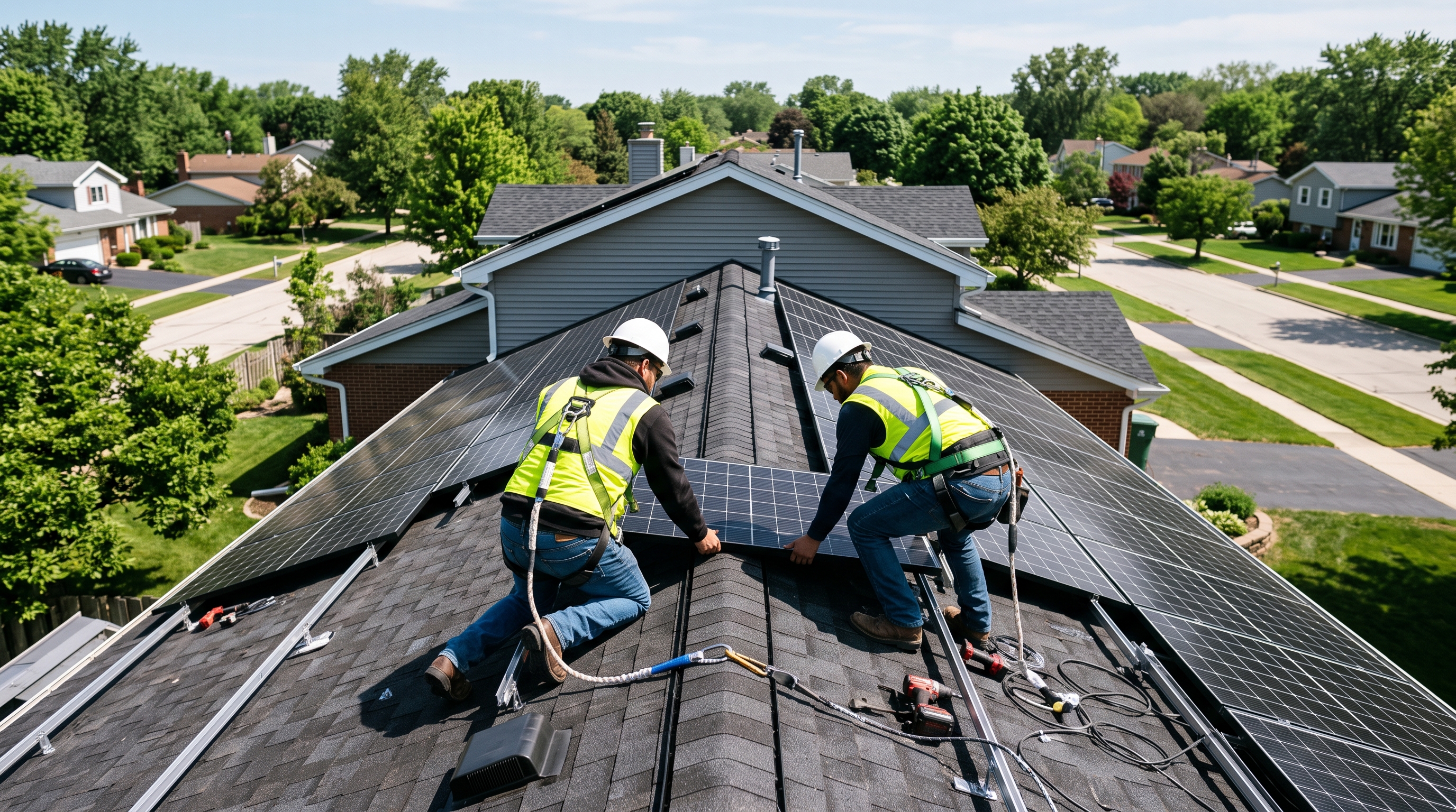 Solar installers in safety gear working on a residential roof