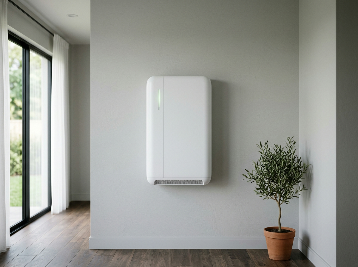 Slim white home battery unit mounted on a wall
