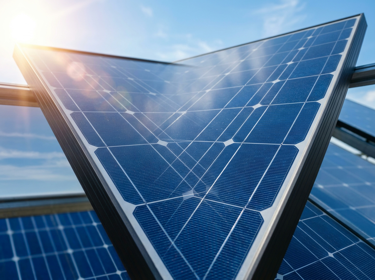 Close-up of a modern solar panel in bright sunlight