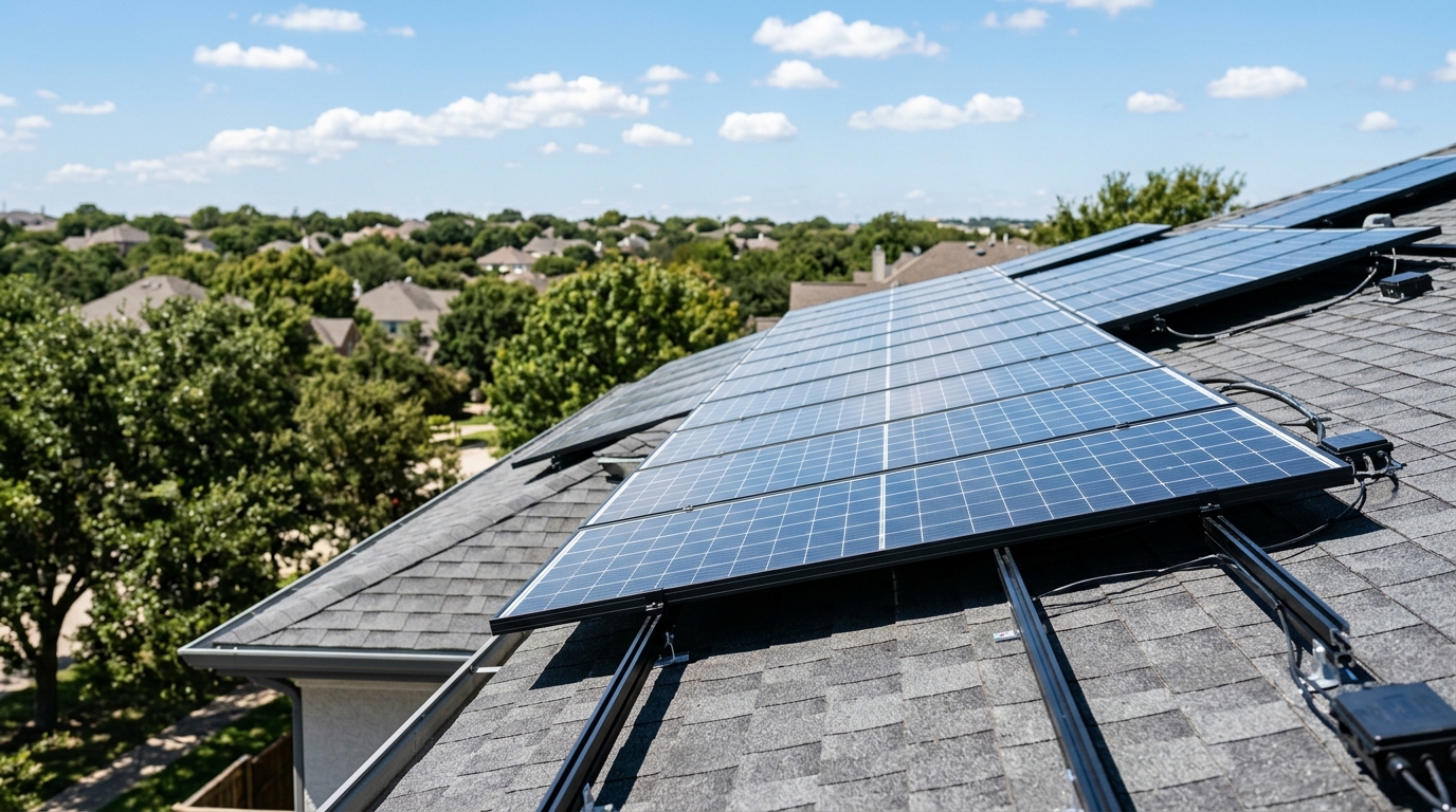 Rooftop solar array on a residential home on a clear day